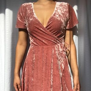 Pink Crushed Velvet Deep V-Neck Dress